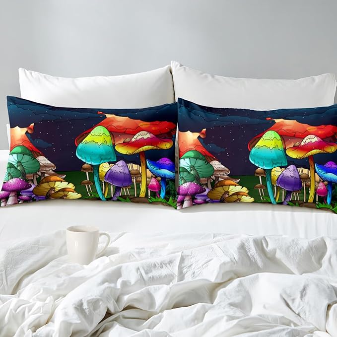 Mushroom Bedding Set Full Girls Ultra Soft Full Size Comforter Set for Boys Cute Cartoon Mushroom Comforter Set for Kids Teens Colorful Mushroom Microfiber Quilt for All Season 3Pcs with Pillowcases