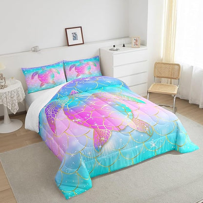 Erosebridal Mermaid Scales Comforter Set for Girls, Tortoise Reptile Bedding Set Twin Size, Sea Turtle Ocean Life Duvet Sets for Kids Children Boys Women, Sweet Girly Down Comforter, Teal Blue