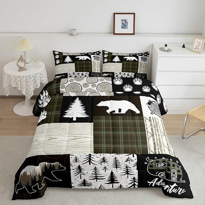Bear Comforter Set Queen Size,Pine Trees Animals Hunting Bedding Set for Kids Boys Girls Adults Room Decor,Camping Adventure Rustic Farmhouse Down Comforter,Green Plaids Duvet Insert,2 Pillowcases