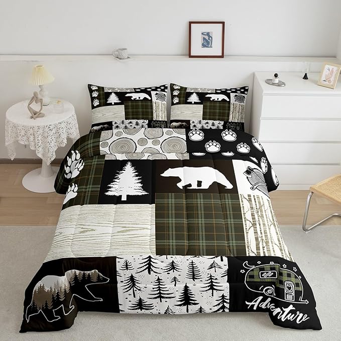 Bear Comforter Set King Size,Pine Trees Animals Hunting Bedding Set for Kids Boys Girls Adults Room Decor,Camping Adventure Rustic Farmhouse Down Comforter,Green Plaids Duvet Insert,2 Pillowcases