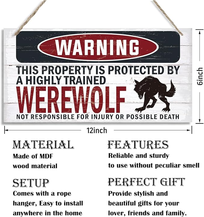 Warning Sign, Werewolf Warning Wood Plaque Sign, Funny Door Signs, Decorative Wood Hanging Suspension Plaque, Farmhouse Wooden Wall Decor, Outdoor Hanging Wooden Signs