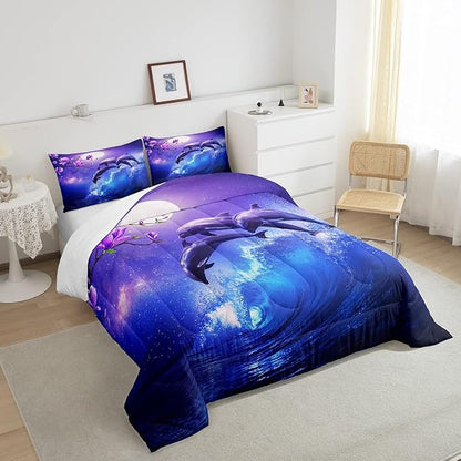 Galaxy Dolphin Bedding Set Twin Coastal Ocean Waves Comforter Set Night Star Moon Cherry Blossoms Comforter For Kids Girls Teens Sea Animal Starry Sky Quilt Duvet Purple Blue Marine Room Decor 2 Pcs