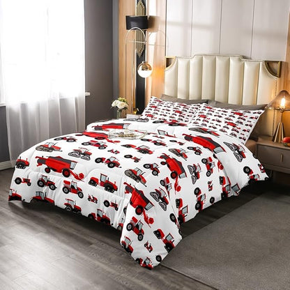 Erosebridal Red Tractor Comforter Set King Size Heavy Equipment Truck Down Comforter Kids Boys Girls Teens Harvester Tractor Bedding Set Construction Excavator Farm Equipment Quilt Set