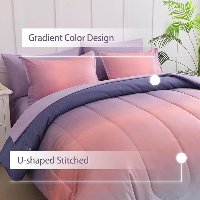 7 Pieces Comforter Set Full/Queen Size - Gradient Pink and Purple All Season Teens Rainbow Comforter Bedding Set, Ultra Soft Fluffy Microfiber Bed in a Bag for Kids