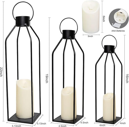 HPC Decor 22'' 19'' 16'' Lanterns Decorative w/Flickering Timer Candles- Tall Large Black Metal Candle Lanterns Set of 3- Modern Farmhouse Decor for Indoor,Outdoor,Tabletop,Porch (No Glass)