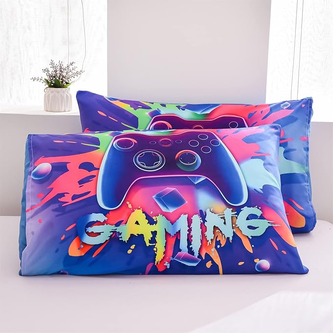 Aimuan Gamer Gaming Bedding Sets 3D Gamepad Comforter Sets for Boys Games Console Action Buttons Novelty Colorful Game Controller Modern Room Decor Home Quilt Set (Queen, Purple)