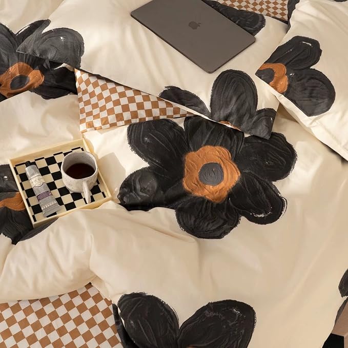 Black and White Comforter Set Black Floral Bedding Cal King Comforter Set Black Flowers Cotton Women Modern Elegant Chic Quilts Blankets Lightweight Black Flower Reversible Bed Comforter Set