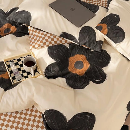 Black and White Comforter Set Black Floral Bedding Cal King Comforter Set Black Flowers Cotton Women Modern Elegant Chic Quilts Blankets Lightweight Black Flower Reversible Bed Comforter Set