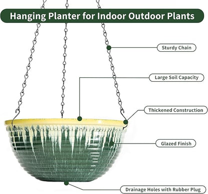 12 inch Large Hanging Planters for Indoor Outdoor Plants, Set of 2 Glazed Hanging Flower Pots with Drainage Hole, Hanging Baskets for Garden Home Porch Decor