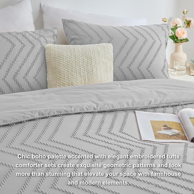 CozyLux King Size Comforter Set Light Grey - 3 Pieces Boho Tufted Shabby Chic Bedding Comforter Set for All Seasons, Chevron Bedding Sets with Comforter & 2 Pillow Shams