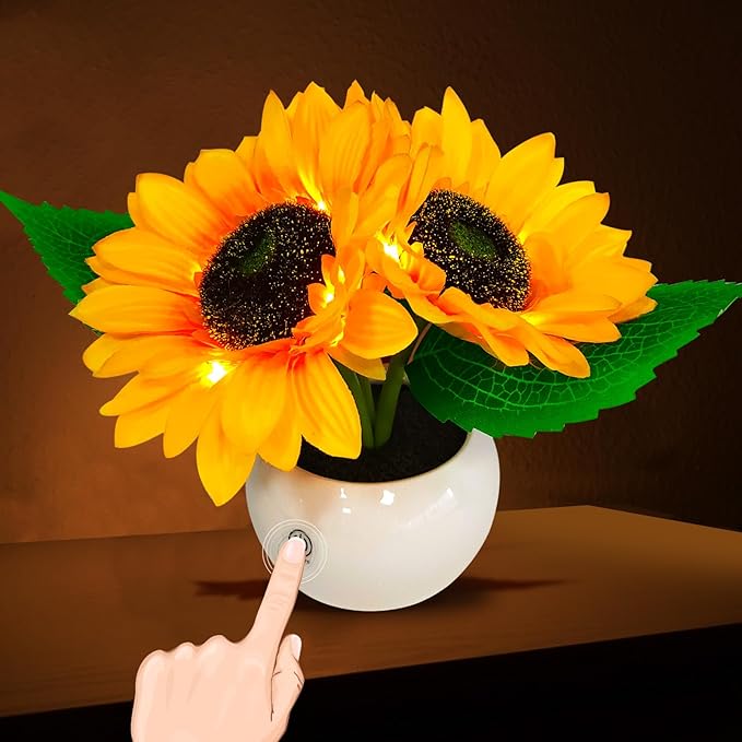 Rechargeable Sunflower Table Lamp - LED Artificial Flowers Desktop Lamp Night Light with Porcelain Vase, Cordless Touch Lamp for Bedroom Living Room Desk Decor, Birthday Gift for Her Girl Mom