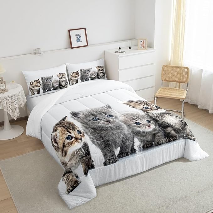 Feelyou Cat Comforter Kids Cute Cat Bedding Set Cartoon Pet Cats Comforter Set for Girls Boys Cute Kitten Room Decor Cat Lovers Kawaii Animal Quilt King Size with 2 Pillow Case Boys