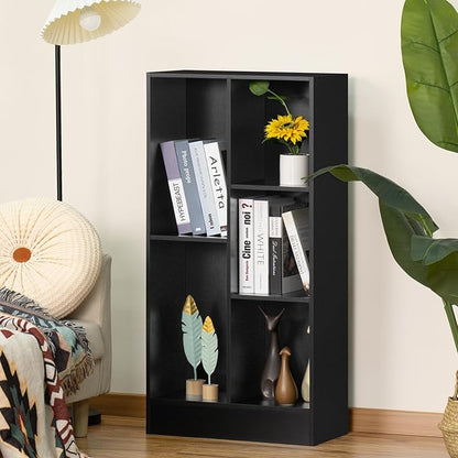 YAHARBO 5 Cube Black Bookshelf,Small Modern Horizontal Bookcase,Wood Floor Standing Low Bookshelves Display Storage Cabinet with Base, Short Book Shelf Open Organizer for Bedroom,Living Room,Office