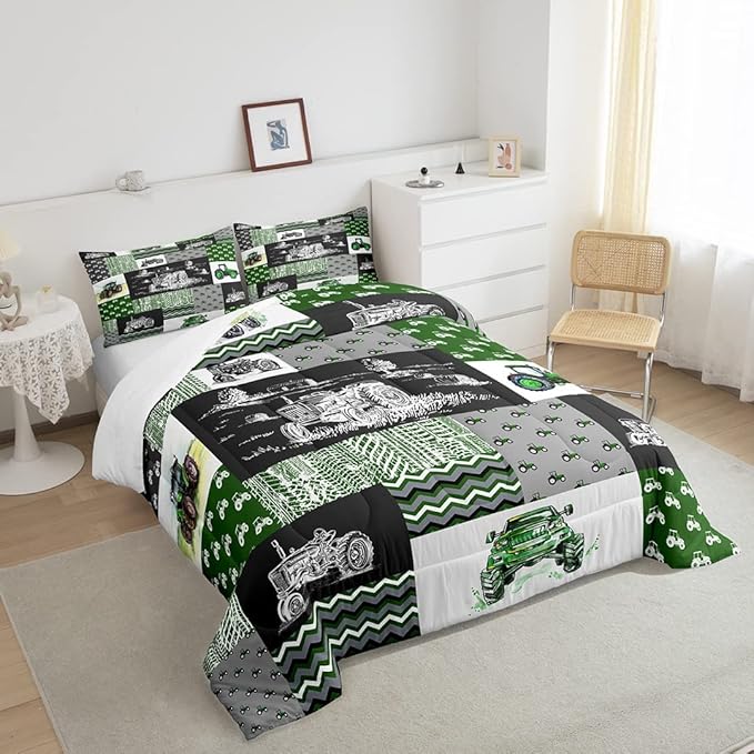 Tractor Bedding Set Twin Size Equipment Trucks Comforter Set Farmhouse Harvester Down Comforter for Kids Boys Car Bedroom Decor Green Vehicle Quilt Set Plaid Comforter with 1 Pillowcase, Grey