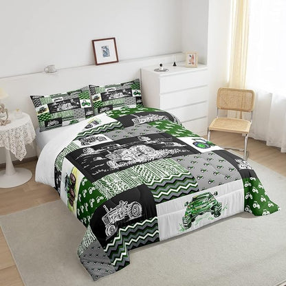 Erosebridal Green Tractor Comforter Set Full Size Farm Vehicle Truck Bedding Set Cartoon Equipment Construction Harvester Down Comforter for Kids Boys Car Bedroom Decor with 2 Pillowcases, Grey