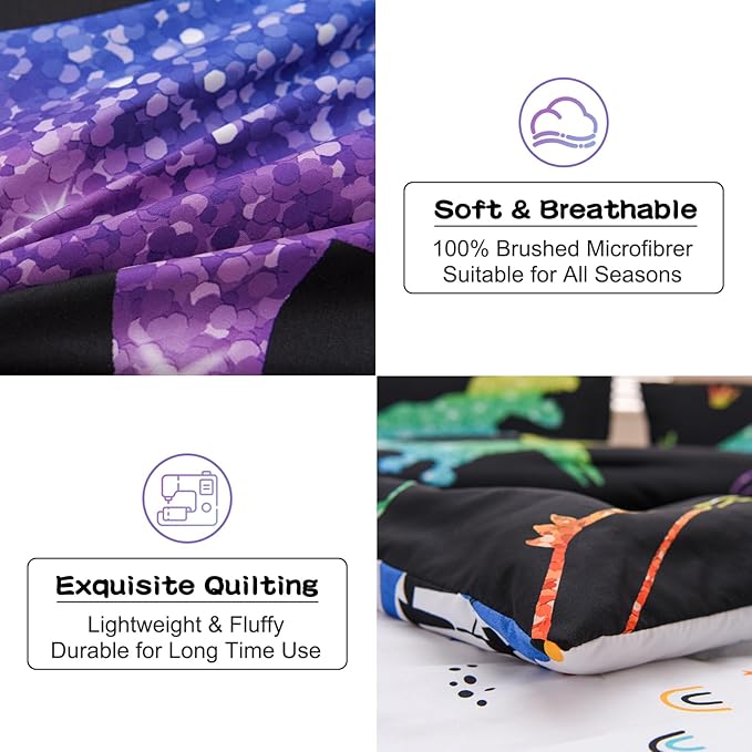 Meeting Story Dinosaur Comforter Set,Gradation Fluorescence Dinosaur Full Comforter Set, 3 PCS 1 Comforter and 2 Pillowcases in One Bag, All Season Bedspread for Kids Teens Adults（Full）