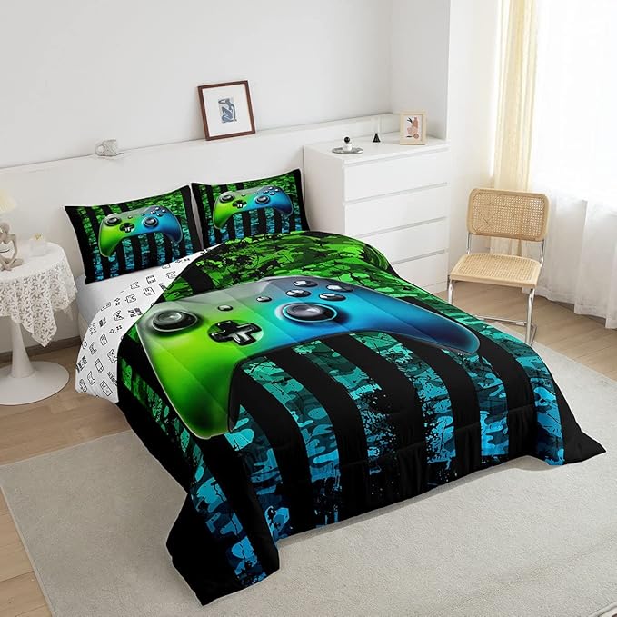 Gamer Bedding Sets for Boys American Flag Comforter Set Twin Size Gaming Comforter Military Camo Retro Down Comforter Kids Game Room Decor Teens Adult Green Blue Gamepad Duvet Set,Black,Warm Soft