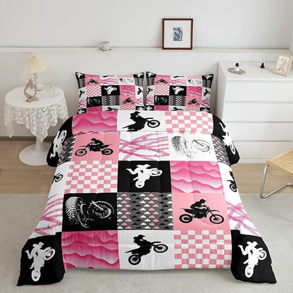Motocross Comforter Set, Dirt Bike Bedding Sets & Collections King, Motorcycle Rider Down Comforter for Kids Boys Girls, Motorbike Extreme Sport Game Comforter Set, Buffalo Plaid, Pink Grey Black