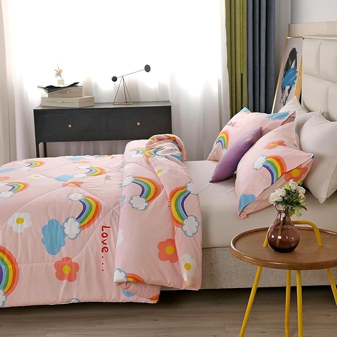 3PCS Rainbow Comforter Set Queen, Cute Pink Queen Size Flower Cloud and Rainbow Comforter Aesthetics, Super Soft and Comfort Microfiber, Kawaii Girls’ Bedroom Decor for Kids, Teens, Children, Women