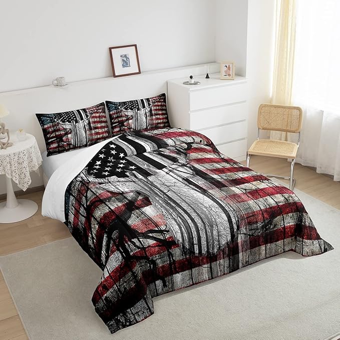 Feelyou American Flag Deer Antlers Bedding Set Hunting Camping Comforter Set for Kids Boys Girls USA Flag Comforter Tree Branch Inner Fill Duvet Set 1 Comforter Set with 1 Pillowcase Twin Size