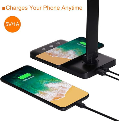 LED Desk Lamp with Wireless Charger,Eye-Caring Table Lamps,Stepless Dimmable Office Lamp with USB Charging Port,Touch/Memory/Timer Function,25 Brightness Lighting,Foldable Lamp