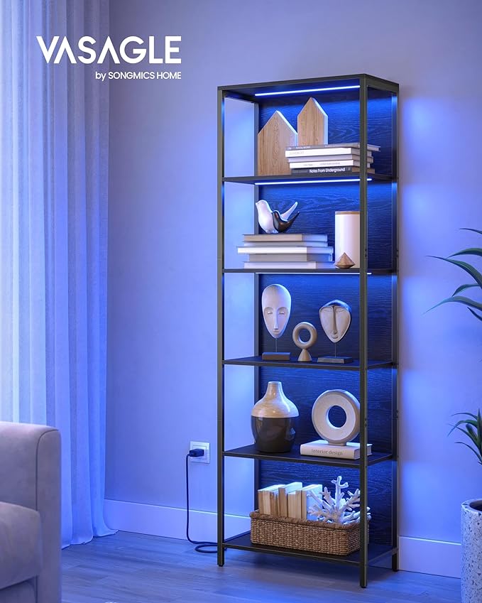 VASAGLE 6-Tier LED Bookshelf, Display Shelf with Dimmable Lights, LED Bookcase with Steel Frame, 11.9 x 23.6 x 70.3 Inches, for Living Room, Bedroom, Office, Black with Wood Grain ULLS120B56