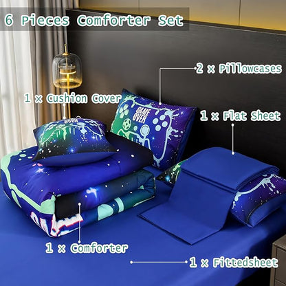 Gamer Console Blue Comforter Set with Sheets for Boys,Full Size Glitter Gaming Bedding Set for Kids,6 Pieces Colorful Graffiti Green Dark Game Controller Bed in a Bag for Teens (Green&Blue, Full)