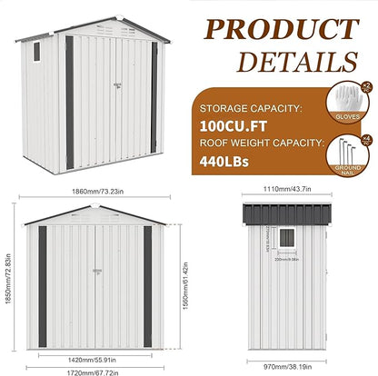 6x3.6FT Storage Shed, Outdoor Galvanized Steel Garden Shed with Lockable Door & Window, Waterproof Metal Tool Storage for Garden, Backyard, Patio, Lawn