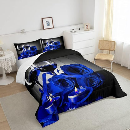 Erosebridal Rose Wine Glass Comforter Set for Girls Royal Blue Rose Bedding Twin Botanical Floral Quilt Set 3D Print Flower Romantic Valentine's Day Duvet Set, Women Men Adult Grey Black Comforter