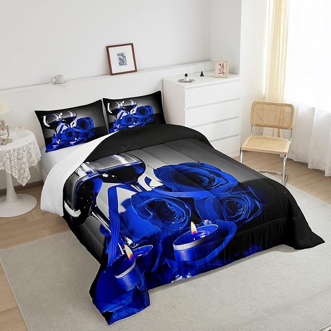Erosebridal Rose Floral Bedding Set Full 3D Blue Rose Wine Glass Comforter Set for Women Men Adult Romantic Valentine's Day Blossom Quilt Set Banquet Flower Duvet Set, Black Gray Down Comforter