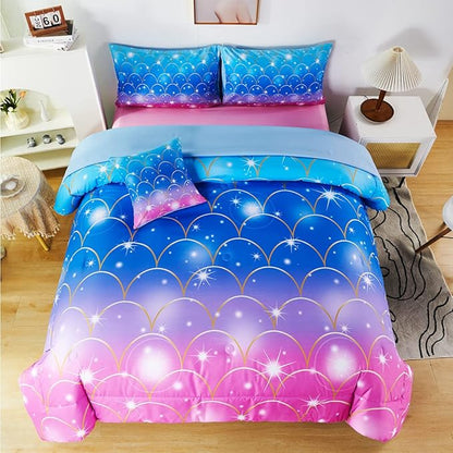 URBONUR 6Pcs Mermaid Comforter Set Queen for Girls Glitter Fish Scales Printed Bedding Set on Gradient Pink Purple Blue Soft & Fluffy Girls Bed Set with Sheets for Queen Bed