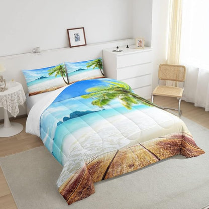 Beach Comforter Set Full Size Ocean Bedding Set Tropical Palm Tree Hawaii Ocean Duvet Set Sunny Beach Coastal Nature Theme Duvet Set Sea Wave Mountain Brown Wooden Comforter Set 2 Pillowcases, Blue