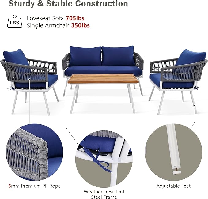 4-Piece, Boho Rope Outdoor Furniture Patio Conversation Sets with Deep Seating & Thick Cushion, Wicker Rattan Chairs Garden Backyard Balcony Porch Poolside loveseat, OneSize, Kb-Navy Blue