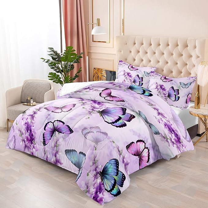 Purple Lavender Butterfly Comforter Set for Girl Kid Adult Colorful Butterfly Pattern Bedding Set Aesthetics Butterflies Quilt Bed Set Full Size with 1 Comforter and 2 Pillowcases