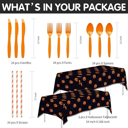 Halloween Plates and Napkins Party Supplies, Pumpkin Halloween Party Decorations Tableware, Pumpkin Paper Plate, Cup, Napkin, Tablecloth, Disposable Cutlery, Serves 24