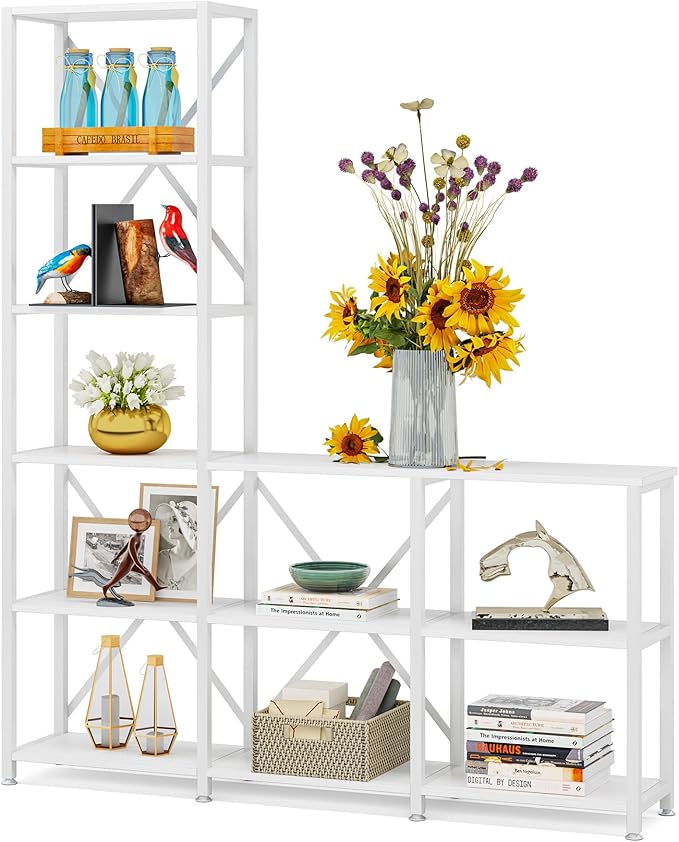 Tribesigns 9 Shelves Bookshelves, Industrial Ladder Corner Etagere Bookcase, Rustic 6-tier Display Open Shelf Storage Organizer for Living Room (White)