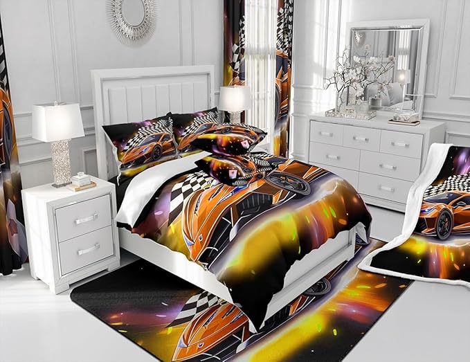 Feelyou Sports Car Comforter Set King Size, Orange Racing Car Bedding Set 3pcs for Kids Boys Teens Bedroom Cool Speed Luxury Car Decor, Black White Plaid Grid Print Quilt Set with 2 Pillowcases
