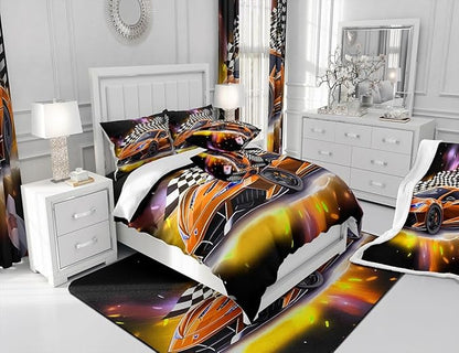 Feelyou Sports Car Comforter Set King Size, Orange Racing Car Bedding Set 3pcs for Kids Boys Teens Bedroom Cool Speed Luxury Car Decor, Black White Plaid Grid Print Quilt Set with 2 Pillowcases