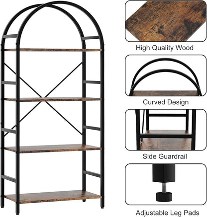 4-Tier Bookshelf, 24 Inch Width Industrial Arched Bookcase, Vintage Storage Rack with Open Shelves, Free Standing Shelf for Home Office, Living Room,Bedroom, Rustic Brown
