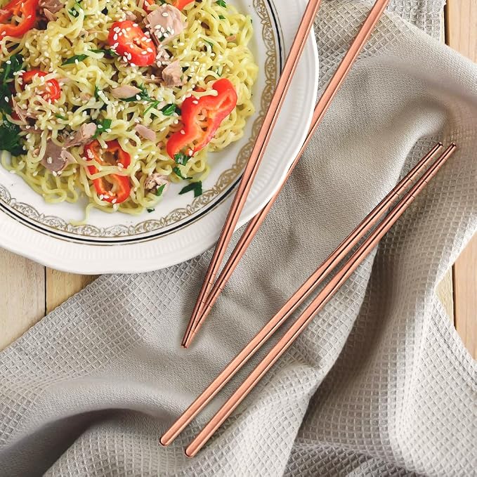 10 Pairs Rose Gold Chopsticks Set Stainless Steel 304 Reusable Non-slip Line Design Metal Chop Sticks for Cooking and Eating Kitchen Utensils Dishwasher Safe Tableware Gift Set