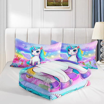 Kid Unicorn Comforter Set Full Size 3Pcs Butterfly Rainbow Flower Star Pattern Quilt Bedding Set for Boys Girls with 1 Comforter and 2 Pillowcases