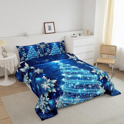 Feelyou Girls Christmas Tree Comforter Set Blue Xmas Theme Comforter Full Chic Winter Snowflake Bedding Set for Girls Daughter Bedroom Decor Soft Girly Glitter Quilted Duvet Winter Warm Bedding