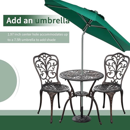 3 Piece Patio Set Metal Bistro Set,Cast Aluminum Outdoor Bistro Table and Chairs Set of 2 with Umbrella Hole,All Weather Patio Bistro Sets for Front Porch Set Garden,Backyard(Bronze)