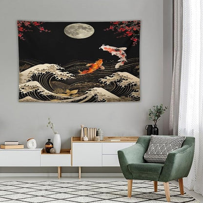 Houselerax Koi Fish Tapestry, Japanese Style Yin Yang Big Wave Cherry Blossom Tapestries Wall Hanging for Bedroom Living Room Office Decor 90"x60"
