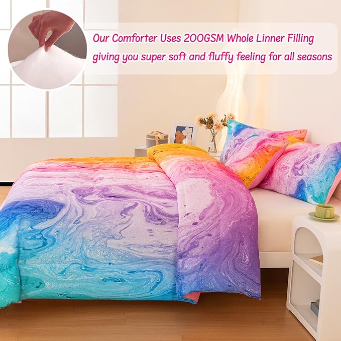 4 Pcs Tie Dye Full Comforter Set for Girls, Watercolor Marble Abstract Art Superior Kids Bedding Sets Full Size, Pink Purple Blue Colorful Teenage Girls Comforter Sets