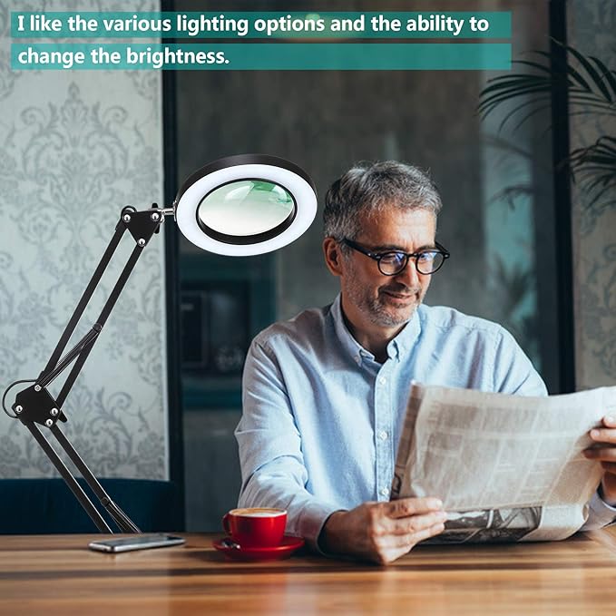 HITTI 5X Magnifying Glass with Light with Clamp, 3 Color Modes Stepless Dimmable Magnifying Lamp, 72 LEDs Real Glass Lens Magnifier with Light and Stand for Close Work Craft Hobby Reading Workbench