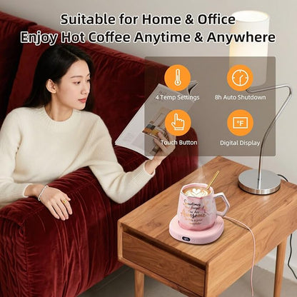 Coffee Mug Warmer Set Smart Electric Heated Cup Beverage Tea Candle Plate | You are Awesome Pink Mug Electric Warmer Set for Office Desk, 4 Temperature Control 8 Hrs Auto Shut Off, Ideal Gift for Women