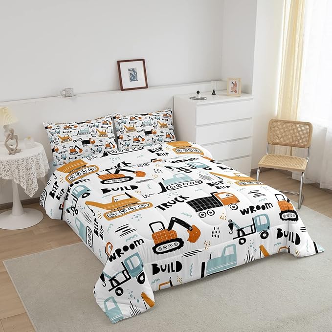 Feelyou Kids Cartoon Excavator Bedding Set Boys Vehicles Truck Car Comforter Child Cute Building Equipment Comforter Set Funny Construction Transport Duvet Set Colorful Room Decor Queen Size Boys