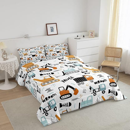 Feelyou Kids Cartoon Excavator Bedding Set Boys Vehicles Truck Car Comforter Child Cute Building Equipment Comforter Set Funny Construction Transport Duvet Set Colorful Room Decor Twin Size Boys