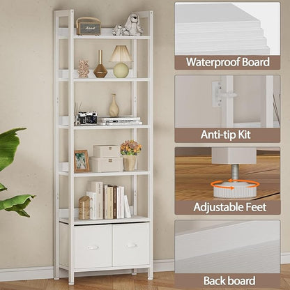 Furologee White 6 Tier Bookshelf with Drawers, Tall 71" Bookcase with Shelves, Modern Wood and Metal Book Shelf Storage Organizer, Display Free Standing Shelf Unit for Bedroom, Living Room, Office